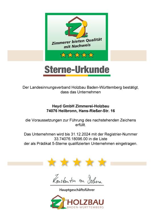 5-Sterne qualifiziertes Unternehmen Zimmerei Heyd